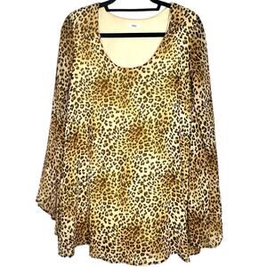 Y2K Babydoll Leopard Mini Dress Scoop Neck Bell Sleeves Retro Animal Print S